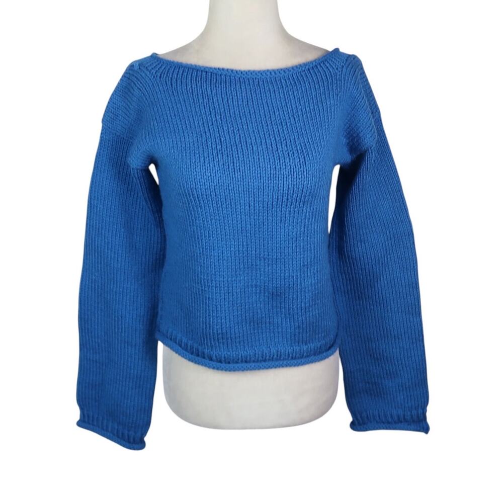 Vintage Cerulean Blue Roll Neck Hand Knit Sweater S